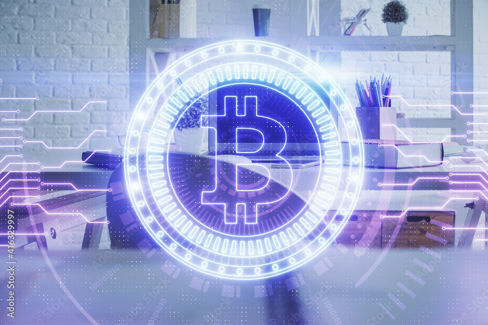 Double exposure of crypto technology theme drawing and office interior background. Concept of blockchain. Double exposure of crypto technology theme drawing and office interior background. Concept of blockchain.