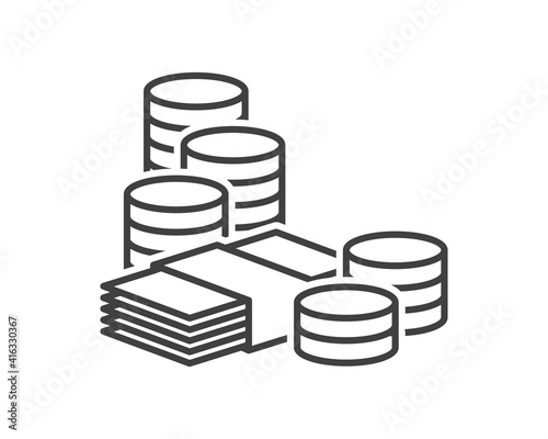 Money icon. A simple image of a bundle of paper money and coins. Linear drawing. Isolated vector on a pure white background.