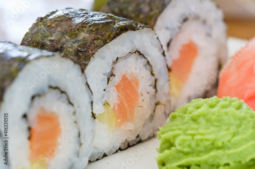 Sushi roll seafood rice fish,  fresh asia.