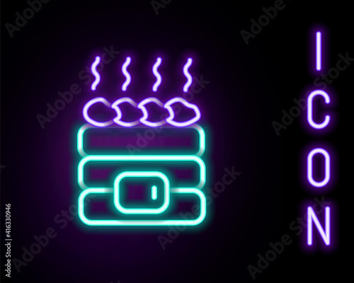Glowing neon line Hot sauna stones icon isolated on black background. Spa resort recreation, bathhouse relaxation. Hot stones on electric heater. Colorful outline concept. Vector.