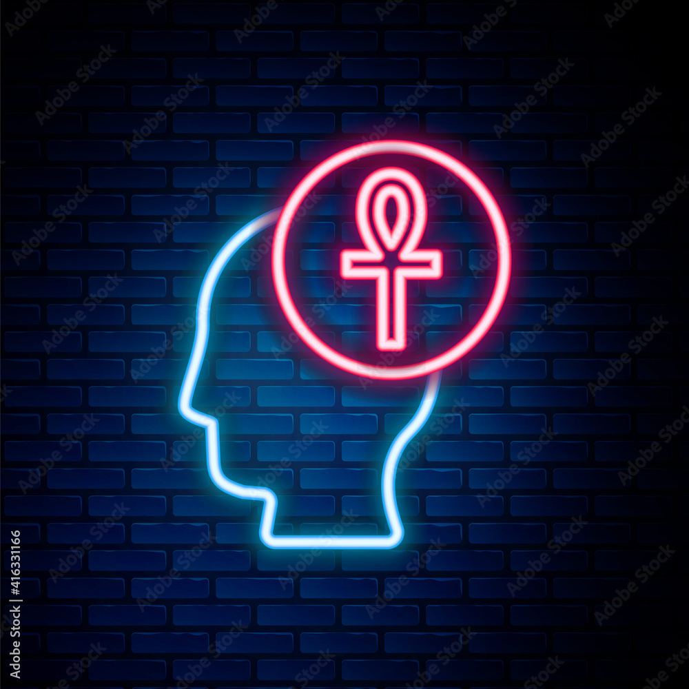 Glowing neon line Cross ankh icon isolated on brick wall background. Colorful outline concept. Vector. Glowing neon line Cross ankh icon isolated on brick wall background. Colorful outline concept. Vector.