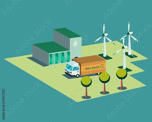 Ecological plant truck and wind mills isometric vector design