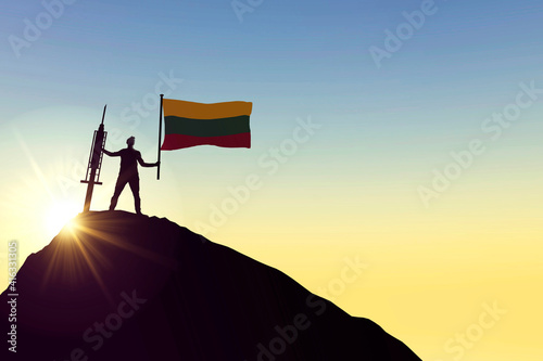 Lithuania vaccine. Silhouette of person with flag and syringe. 3D Rendering