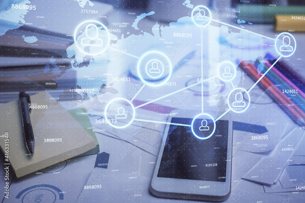 Double exposure of social network theme drawing and cell phone background. Concept of people connection over the world Double exposure of social network theme drawing and cell phone background. Concept of people connection over the world