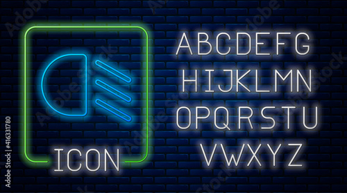 Glowing neon High beam icon isolated on brick wall background. Car headlight. Neon light alphabet. Vector.