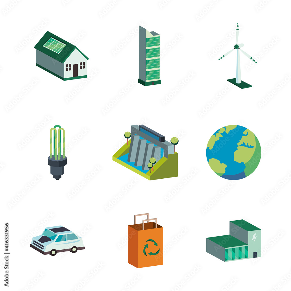 Ecological symbol set isometric vector design Ecological symbol set isometric vector design