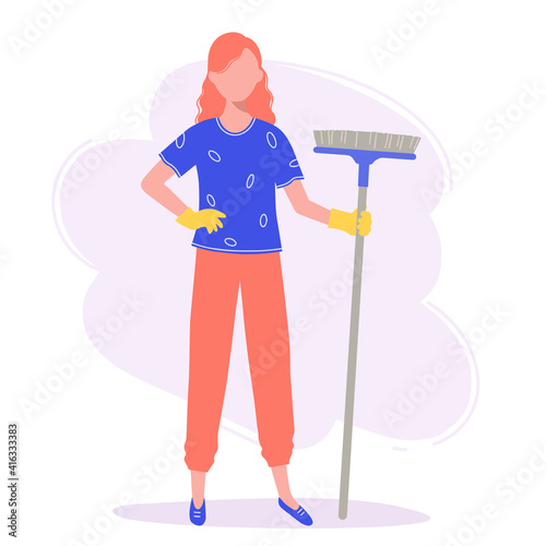Woman is holding a broom, she is going to do the cleaning.
