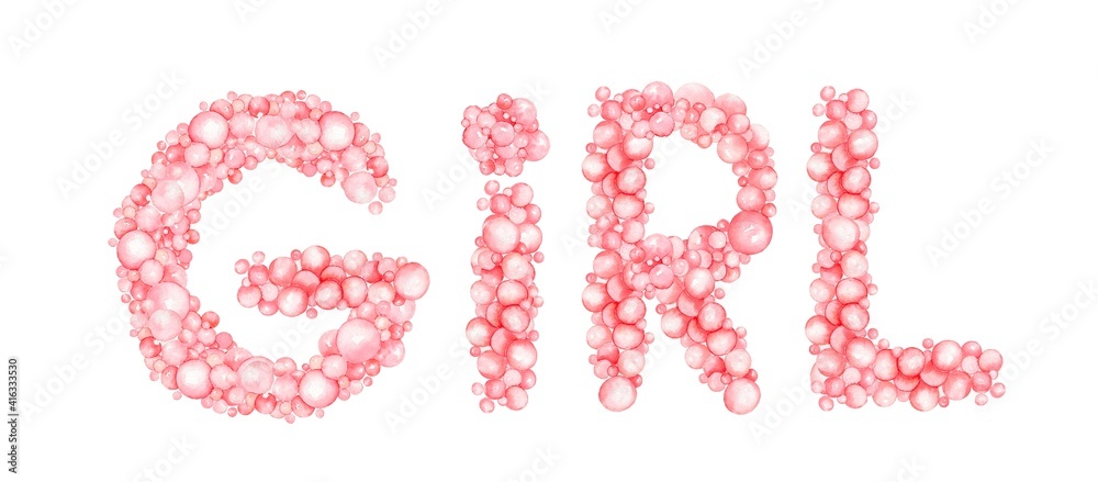 Watercolor illustration. Inscription, letters girl made of pink balloons, bubbles. for print, invitations, cards, design, party, holiday, children, baby shower Watercolor illustration. Inscription, letters girl made of pink balloons, bubbles. for print, invitations, cards, design, party, holiday, children, baby shower
