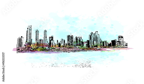 Building view with landmark of Panama is the
country in Central America. Watercolour splash with hand drawn sketch illustration in vector.