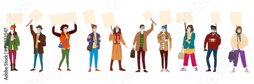 Set of Protesters crowd man and woman in medical masks from virus COVID, holding empty banners. Activists protesting, during a pandemic quarantine coronavirus, political meeting, strike human rights