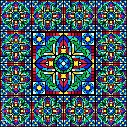 Stained-glass window with colored piece. © incomible