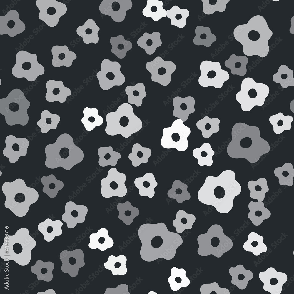 Grey Scrambled eggs icon isolated seamless pattern on black background. Home cooked food, fried egg, healthy breakfast, omelet icon. Vector. Grey Scrambled eggs icon isolated seamless pattern on black background. Home cooked food, fried egg, healthy breakfast, omelet icon. Vector.