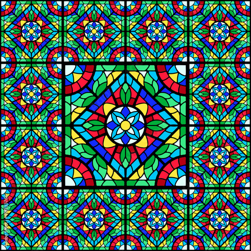 Stained-glass window with colored piece.