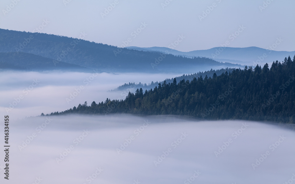 autumn fog in a mountain valley autumn fog in a mountain valley
