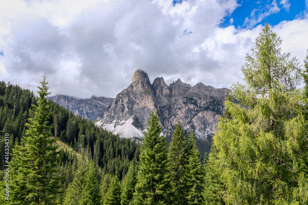 Mountain range of the Italian Dolomites surrounded by forest. Trentino-Alto Adige, Italy