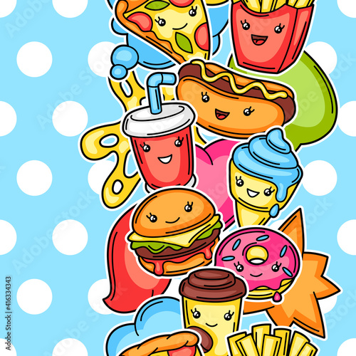 Seamless pattern with cute kawaii fast food meal.