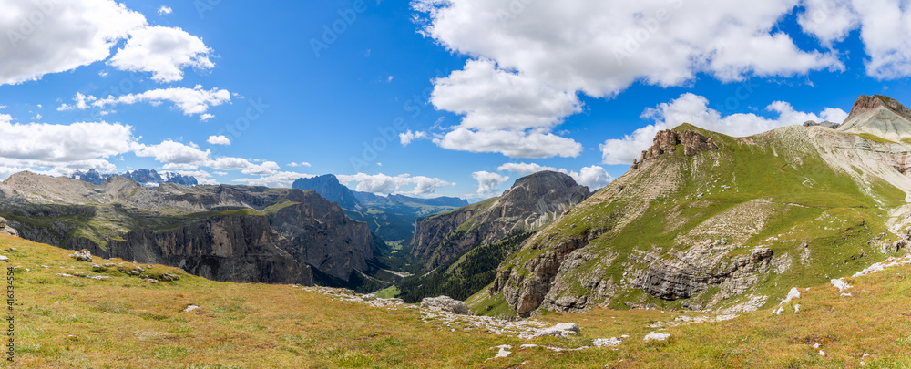Beautiful panoramic view of the valley Val Gardena In summer time. Italian Dolomites, South Tyrol