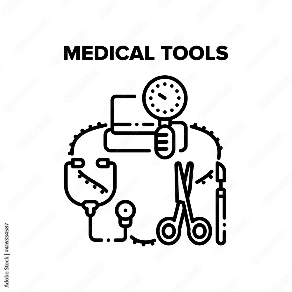 Medical Tools Vector Icon Concept. Stethoscope And Pressure Measuring Equipment, Scissors And Scalpel Surgery Medical Tools. Doctor Technology For Examination And Treatment Patient Black Illustration Medical Tools Vector Icon Concept. Stethoscope And Pressure Measuring Equipment, Scissors And Scalpel Surgery Medical Tools. Doctor Technology For Examination And Treatment Patient Black Illustration