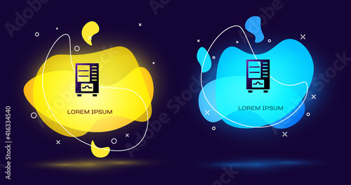 Black Vending machine of food and beverage automatic selling icon isolated on black background. Abstract banner with liquid shapes. Vector.