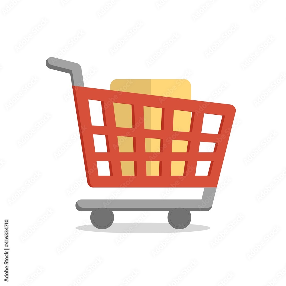 Loaded supermarket cart for online purchases, illustration.