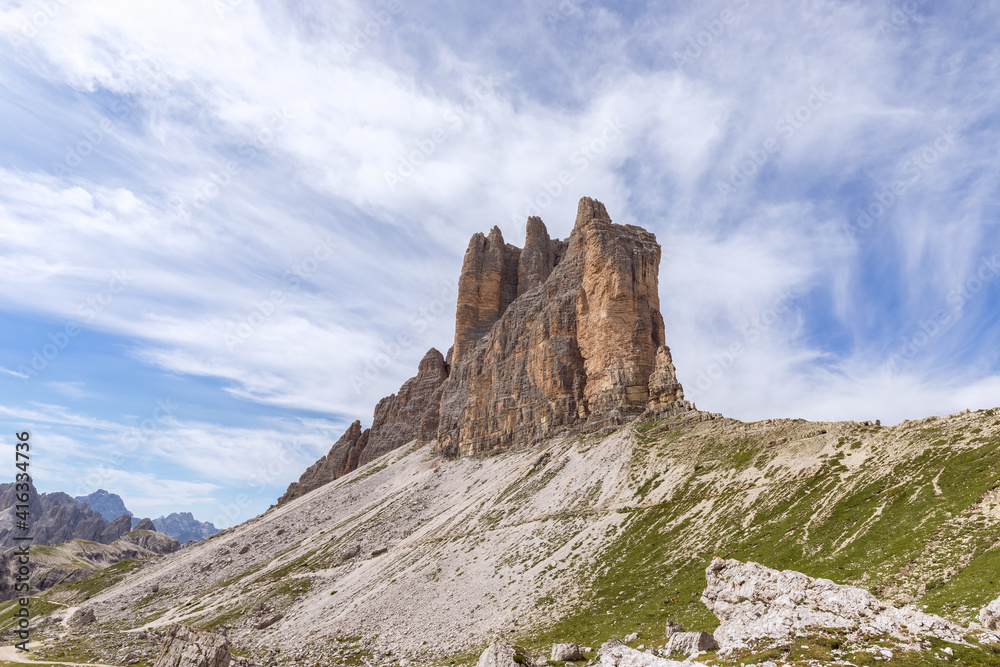 View of Tre Cime di Lavaredo from the other side. Tre Cime Natural Park. South Tyrol, Italy