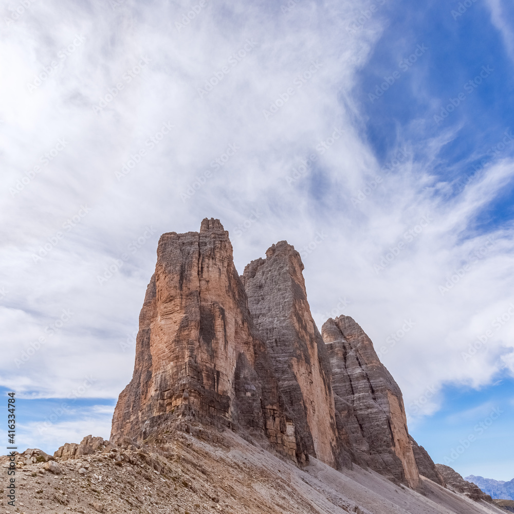 The peaks of the famous Tre Cime di Lavaredo. Italian Dolomites. South Tyrol, Italy