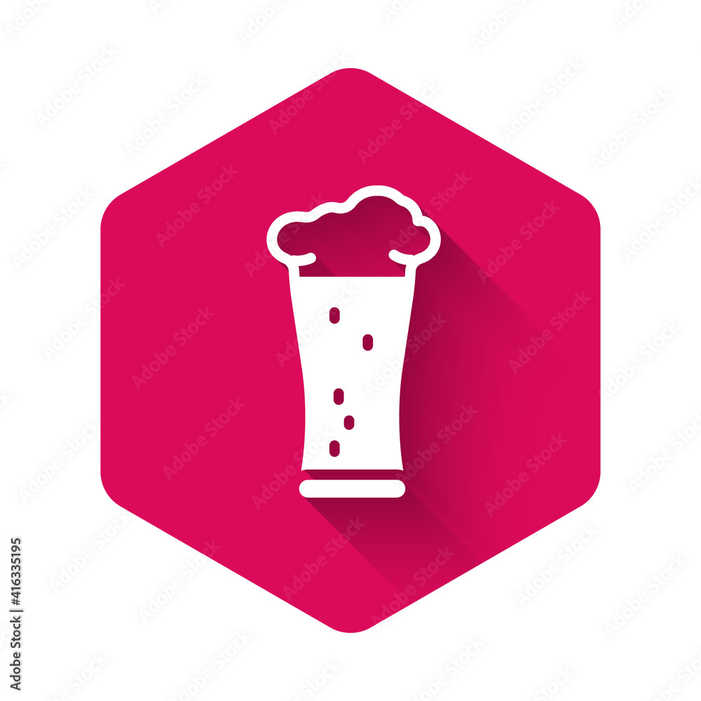 White Glass of beer icon isolated with long shadow background. Pink hexagon button. Vector. White Glass of beer icon isolated with long shadow background. Pink hexagon button. Vector.