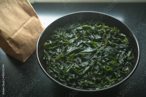 scalded wakame seaweed in bowl