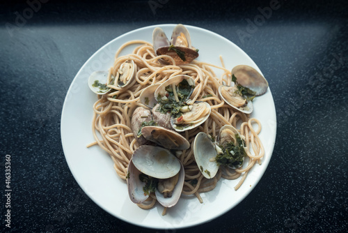 top view of homemade seafood pasta