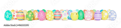 A line of colorful hand painted colorful Easter eggs isolated on a white background. © Squeaky Pictures