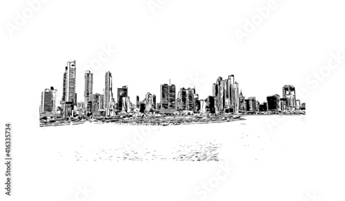 Building view with landmark of Panama is the
country in Central America. Hand drawn sketch illustration in vector.