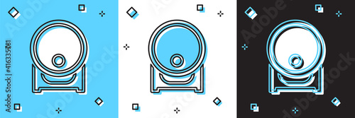 Set Wooden barrel on rack with stopcock icon isolated on blue and white, black background. Vector.