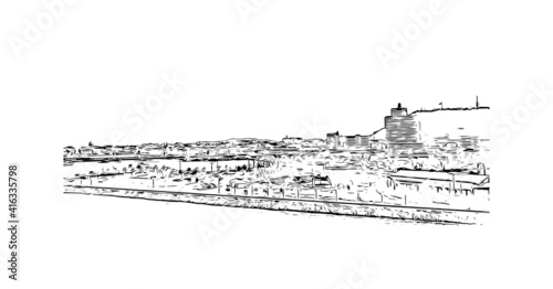 Building view with landmark of Panama is the
country in Central America. Hand drawn sketch illustration in vector.