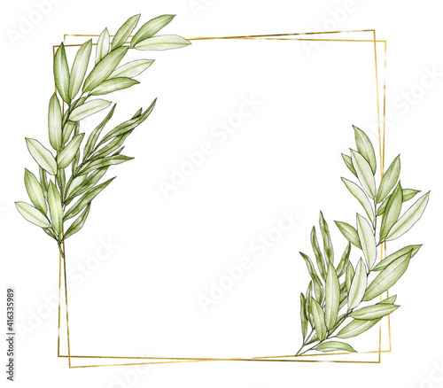 Golden geometric frame with green foliage drawn with colored pencils on white backkround photo