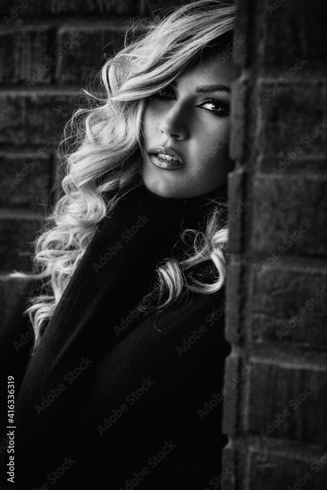 Black and white fashion art studio portrait of beautiful elegant woman in black turtleneck. Black and white fashion art studio portrait of beautiful elegant woman in black turtleneck.