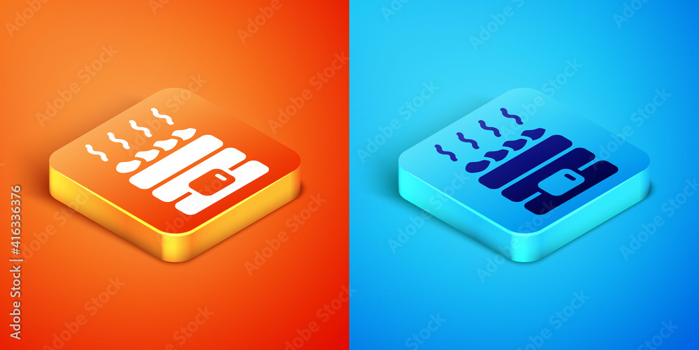 Isometric Hot sauna stones icon isolated on orange and blue background. Spa resort recreation, bathhouse relaxation. Hot stones on electric heater. Vector.