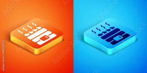 Isometric Hot sauna stones icon isolated on orange and blue background. Spa resort recreation, bathhouse relaxation. Hot stones on electric heater. Vector.