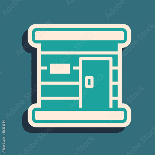 Green Sauna wooden bathhouse icon isolated on green background. Heat spa relaxation therapy bath and hot steam healthcare, relax therapy. Long shadow style. Vector.