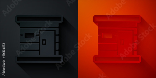 Paper cut Sauna wooden bathhouse icon isolated on black and red background. Heat spa relaxation therapy bath and hot steam healthcare, relax therapy. Paper art style. Vector.