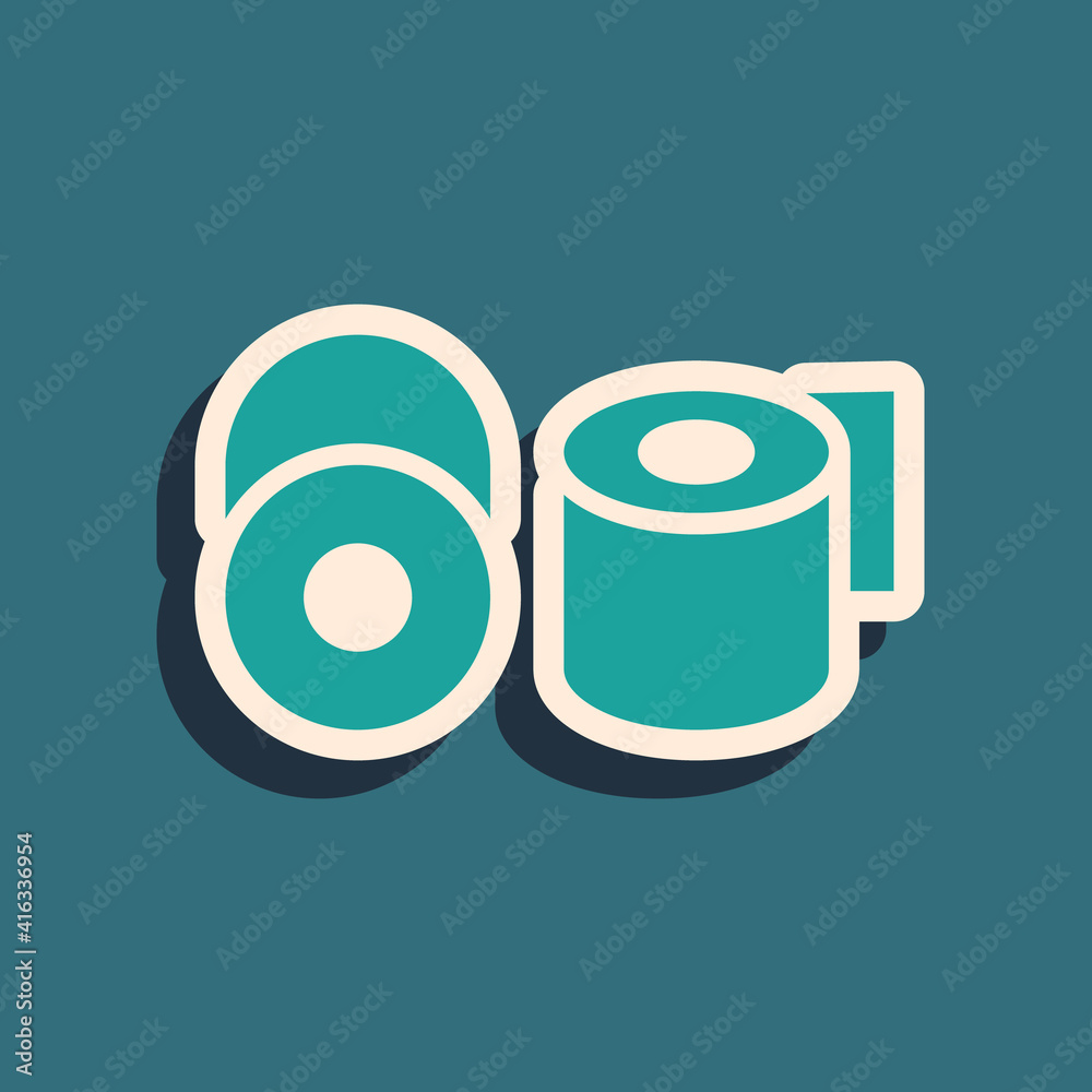 Green Toilet paper roll icon isolated on green background. Long shadow style. Vector. Green Toilet paper roll icon isolated on green background. Long shadow style. Vector.