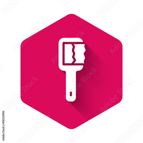 White Sauna brush icon isolated with long shadow background. Wooden brush with coarse bristles for washing in the bath. Anti cellulite massage. Pink hexagon button. Vector.