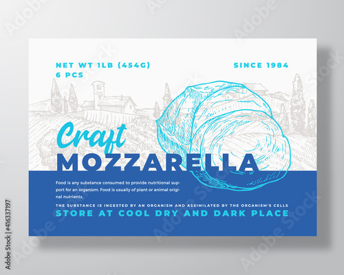 Dairy Food Label Template. Abstract Vector Packaging Design Layout. Modern Typography Banner with Hand Drawn Mozzarella Cheese and Rural Landscape Background. Isolated