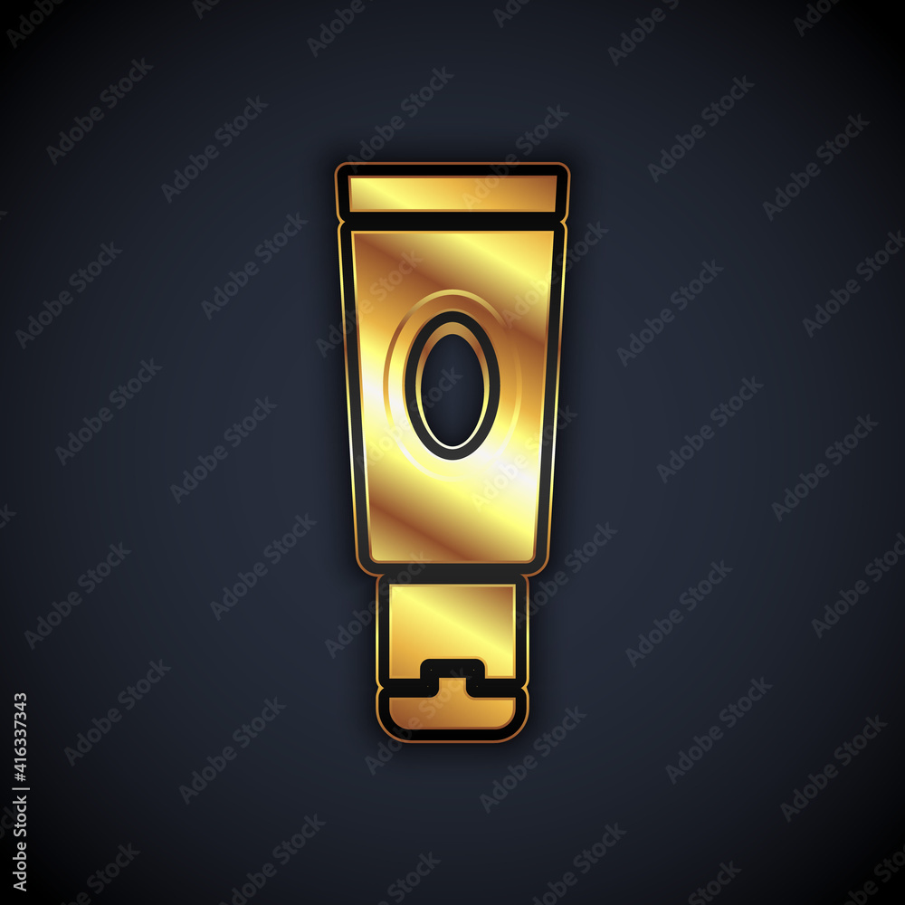 Gold Cream or lotion cosmetic tube icon isolated on black background. Body care products for woman. Vector. Gold Cream or lotion cosmetic tube icon isolated on black background. Body care products for woman. Vector.