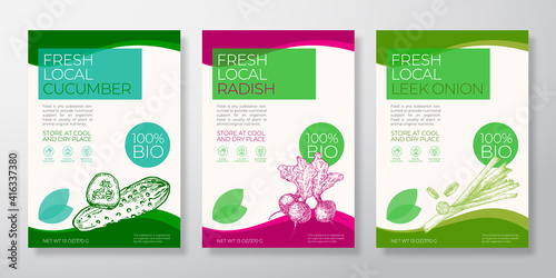 Fresh Local Vegetables Label Templates Set. Vector Packaging Design Layouts Collection. Typography Banner with Hand Drawn Cucumber, Radish and Leek Onion Sketch Silhouette Background Isolated