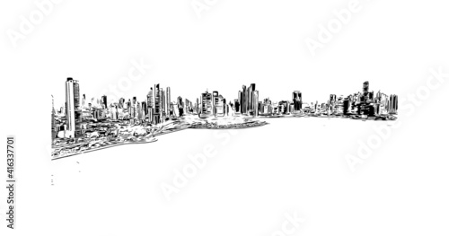 Building view with landmark of Panama is the
country in Central America. Hand drawn sketch illustration in vector.