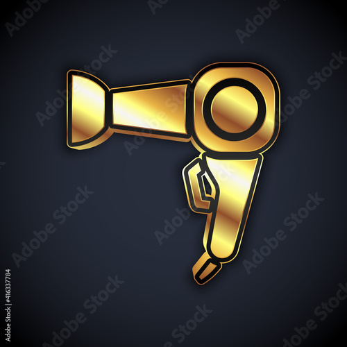 Gold Hair dryer icon isolated on black background. Hairdryer sign. Hair drying symbol. Blowing hot air. Vector.