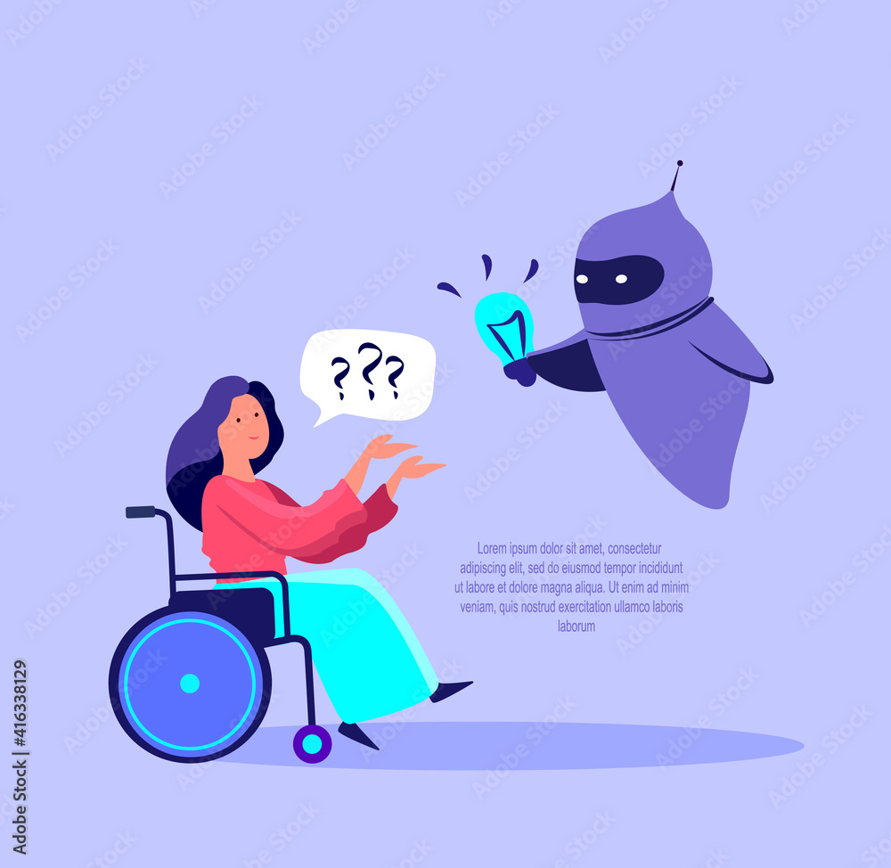 Disabled Handicapped Woman in Wheelchair Chat in Chatbot Application.Cyber Robot Helps Giving Online Infrormation Artificial Intelligence. Future marketing.Dialog help service.Flat Vector illustration