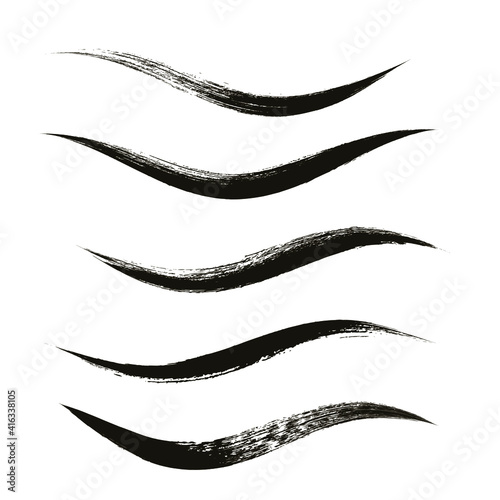 Makeup strokes, Set of mascara smudge, makeup eye liner swatches, Beauty and cosmetic black brush smudges vector background. smear make up lines collection, liquid make up texture isolated on white.