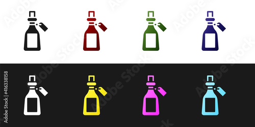 Set Essential oil bottle icon isolated on black and white background. Organic aromatherapy essence. Skin care serum glass drop package. Vector.