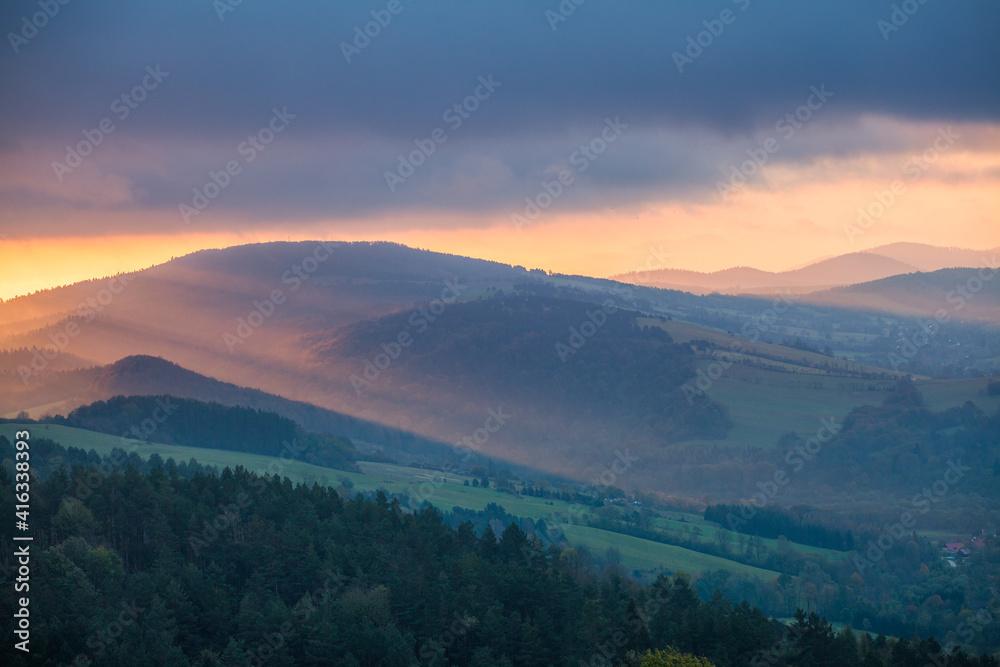 Naklejka premium sunrise in the mountains, Beskid Niski